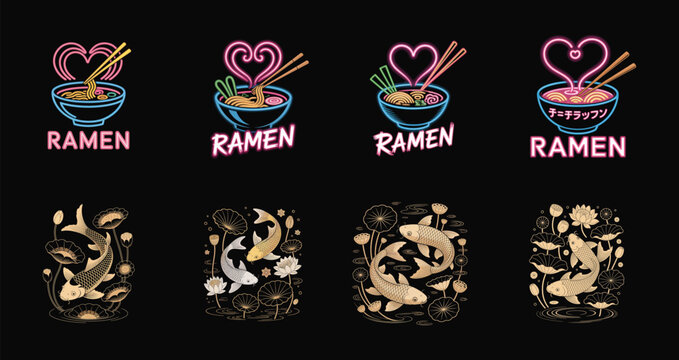 Neon ramen bowls and golden koi fish in lotus ponds noodles chopsticks