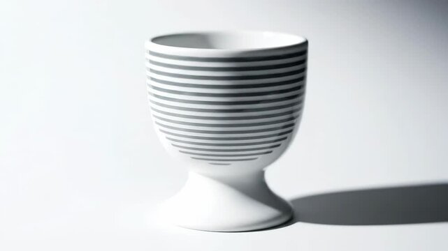 A white egg cup transforms with animated gray stripes. Modern ceramic tableware features a dynamic, evolving pattern.