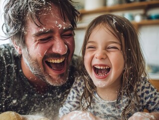 Father and young daughter laughing uncontrollably in messy kitchen covered in flour while baking cookies. Genuine chaotic family joy, perfect for authentic family life and bonding relationship concept
