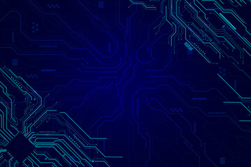 Abstract blue circuitry with connectors and chip lines, designed as a modern digital technology vector background.