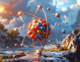 Atomic structure with vibrant colored spheres and orbital paths under a bright sky