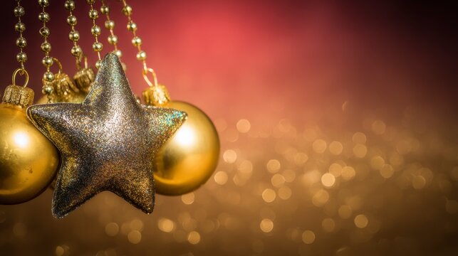 Glittering gold Christmas ornaments including a star and spherical baubles hang on chains with a bokeh background