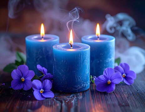Serene spa atmosphere with three burning blue candles, aromatic smoke, and vibrant violet flowers on a rustic wooden surface - Powered by Adobe
