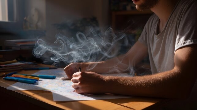 A person focused on drawing on a desk with smoke swirling around their hands in soft light