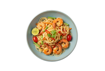 Green Papaya Salad with prawn spaghetti, served on a dish, isolated against a background. A top view of Bangladeshi cuisine.