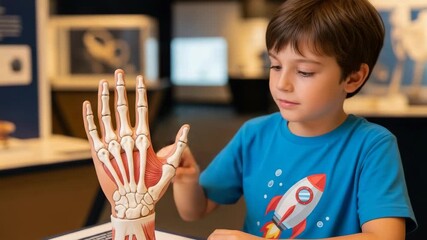 A curious boy learns about human anatomy with a hand skeleton model. A child studies the bones and muscles at a science museum exhibit. Childhood education and curiosity concept