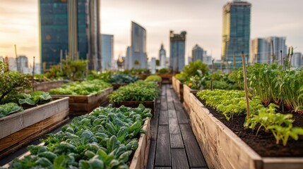 Fototapeta premium Lush rooftop garden on modern city skyscraper featuring neat rows of organic vegetables and herbs in wooden planters with blurred urban skyline for urban farming and sustainable city agriculture.