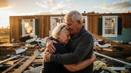 Elderly couple embracing in front of their destroyed home after a disaster. Seniors comforting each other amidst the ruins and wreckage. Concept of loss, support, and resilience