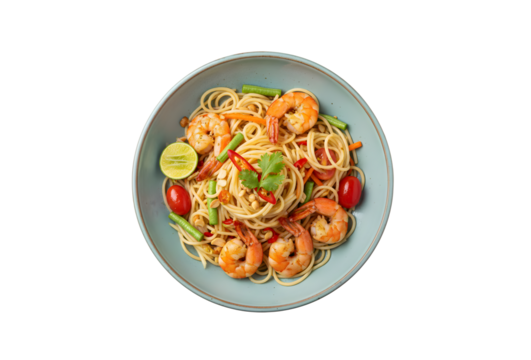 Green Papaya Salad with prawn spaghetti, served on a dish, isolated against a background. A top view of Bangladeshi cuisine.