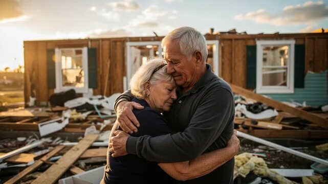 Elderly couple embracing in front of their destroyed home after a disaster. Seniors comforting each other amidst the ruins and wreckage. Concept of loss, support, and resilience