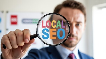 Focused professional examines digital marketing strategy magnified through a magnifying glass