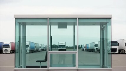 Glass security booth in a large truck parking lot. Modern guardhouse with reflections of semi-trailer trucks. Logistics and transportation industry concept - Powered by Adobe