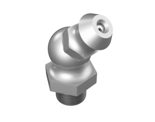 45 Degree Angled Metallic Grease Nipple Zerk Fitting Isolated on PNG Transparent HD Background, High Resolution Essential Component for Heavy-Duty Automotive and Industrial Lubrication Maintenance.