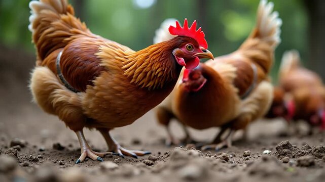 A brown hen pecks at the ground in a close-up view. Free-range chickens foraging for food on an organic farm. AI generated animation