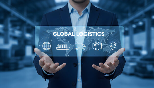 Professional presents global logistics solutions with cutting-edge technology, showcasing worldwide delivery network and supply chain efficiency in modern business