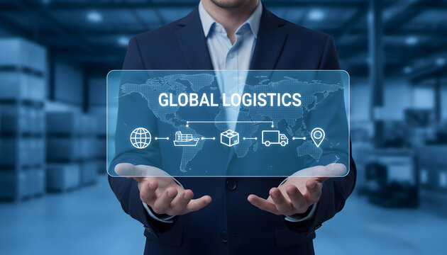 Professional businessman presents global logistics network for international shipping and supply chain management with worldwide delivery tracking system for business growth