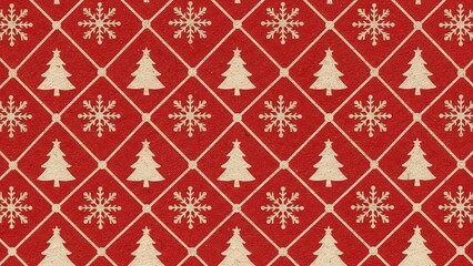 Christmas red pattern with snowy trees and delicate snowflakes