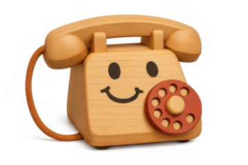 Wooden toy telephone bringing joy, communication, and a classic retro play experience, featuring a happy face and rotary dial