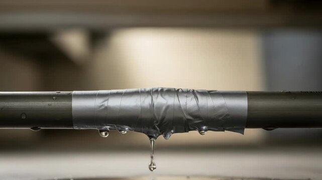 Leaking pipe patched with duct tape. Water dripping from a temporary repair on a broken water line. Household plumbing problem and emergency fix concept. Vertical video