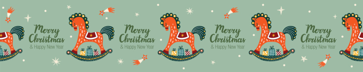 Vintage Christmas Magic  Horse Retro Toy, Symbol of 2026. Cute Christmas gorizontal border. 