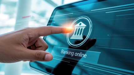Human finger interacts with glowing digital interface displaying financial institution icon and service prompt