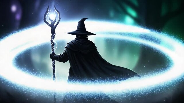 An animated wizard casting a glowing magic spell with a staff. A fantasy sorcerer creates a swirling ring of light and energy. Vertical character animation concept
