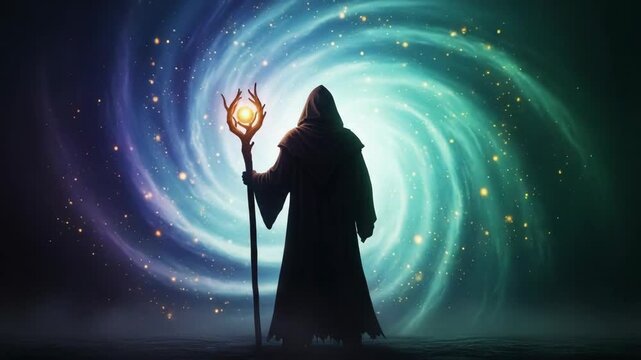 Silhouette of a wizard with a glowing staff facing a swirling cosmic vortex. A mystical mage in a hooded robe against a colorful galaxy. Epic fantasy animation
