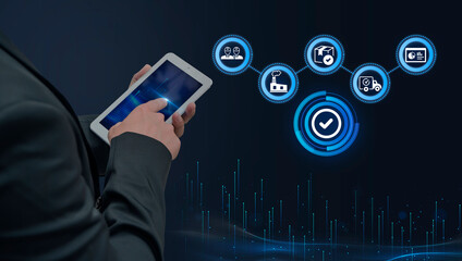 Businessman holding tablet with quality control assurance guarantee standard