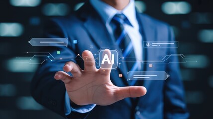 Business professional interacts with a luminous artificial intelligence interface in a dark digital environment