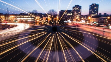 Blurred city lights radiating from a central dark point at dusk