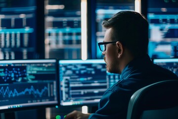 It professional working on multiple monitors analyzing data