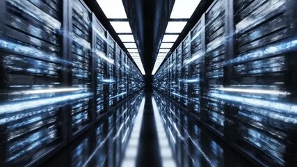 Futuristic Server Room with Blue Light Streaks and Reflections data center technology - Powered by Adobe