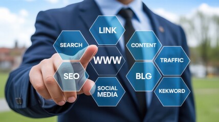 Businessman interacts with digital interface displaying internet marketing concepts.