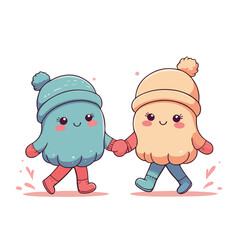 two adorable mitten characters holding hands while walking