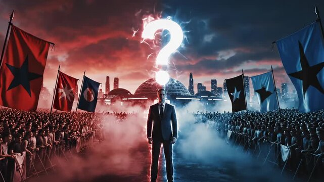 Leader stands between two opposing crowds. A man must make choice between two sides. The divided crowd faces political division. The leader faces a decision. This choice is difficult for man.