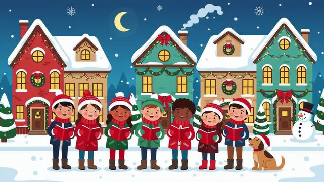 Joyful children singing christmas carol in festive winter snow village, happy holiday celebration scene at night