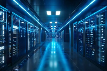 Server room aisle with blue glowing data racks