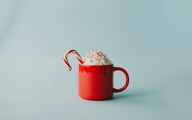 Red mug with peppermint candy cane and whipped cream christmas holiday season festive drink photo