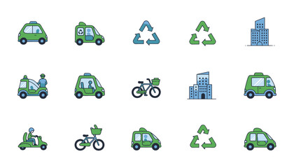 Sustainable Transportation Icon Set — Eco-Friendly Urban Mobility Vector Icons for Bikes, Electric Vehicles, Public Transit, and Green Travel