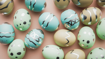 Pastel Easter Eggs Background With Silver Decoration Pattern.3d render