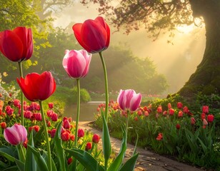 Blooming tulips in a serene garden with sunlight filtering through trees