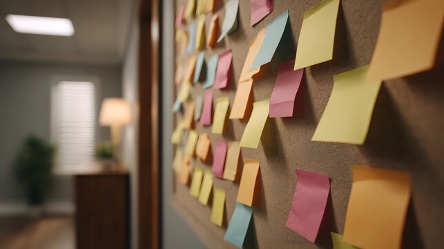Colorful sticky notes cover a corkboard symbolizing ideas and planning in an office