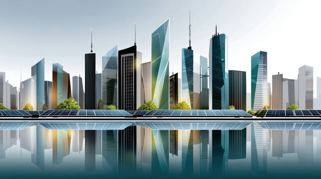 Solar panels on a modern rooftop city skyline. alternative energy source, energy saving, careful attitude to our planet Earth. Ecological energy renewable solar panel plant urban modern - Powered by Adobe