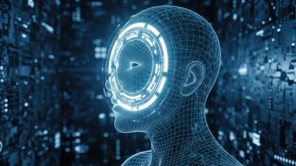 Digital humanoid face with futuristic HUD overlay and circuit board background