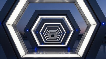 Futuristic tunnel of glowing hexagonal frames receding into the distance