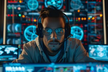 Man wearing headset coding in futuristic control room