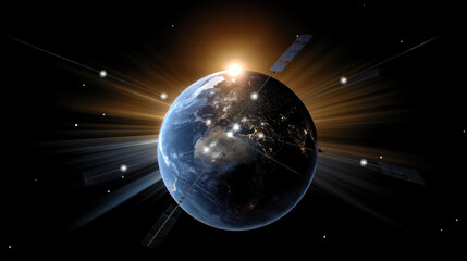 A space satellite with solar panels, rotating around the Earth against the background of the Sun. The concept of an alternative energy source, energy saving, careful attitude to our planet Earth