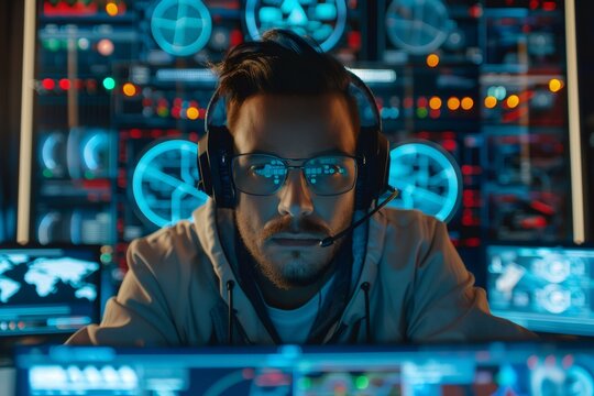 Man wearing headset coding in futuristic control room
