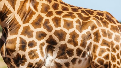 Giraffe's patterned hide, close-up view of tan and brown blotches