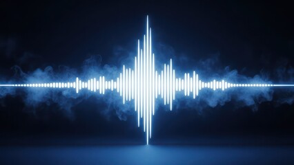 Glowing sound wave visualization with smoke, centered on dark, blue background